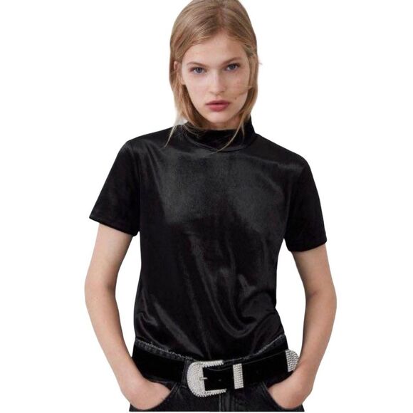Zara Trafaluc Black Velvet Short Sleeve Mock Neck T-Shirt - Picture 1 of 7